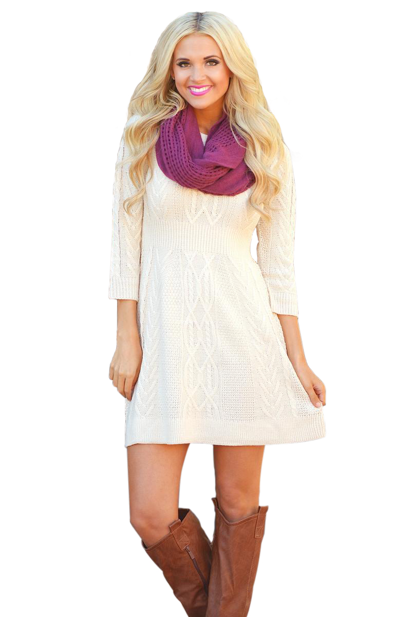 BY27692-1 White Cable Knit Fitted Sweater Dress